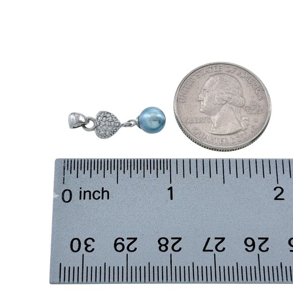 Vintage Sterling Silver 925 Pave Cubic Zirconia Heart Blue Pearl Dangle Pendant - Picture 4 of 5